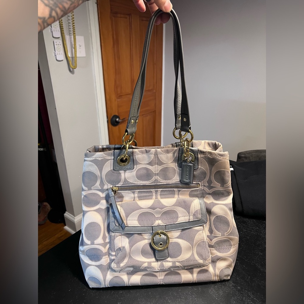Coach Gray and Cream Signature Shoulder Bag
